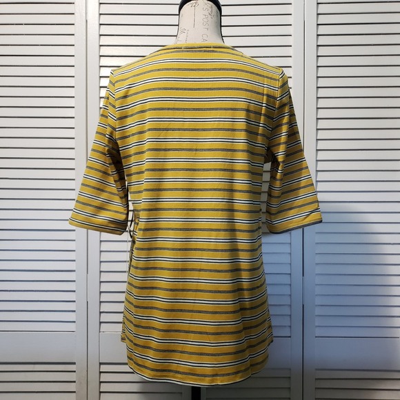 Doe & Rae Ribbed Knit Tunic Women's Medium Yellow Striped Keyhole Neck Pullover - Picture 5 of 11